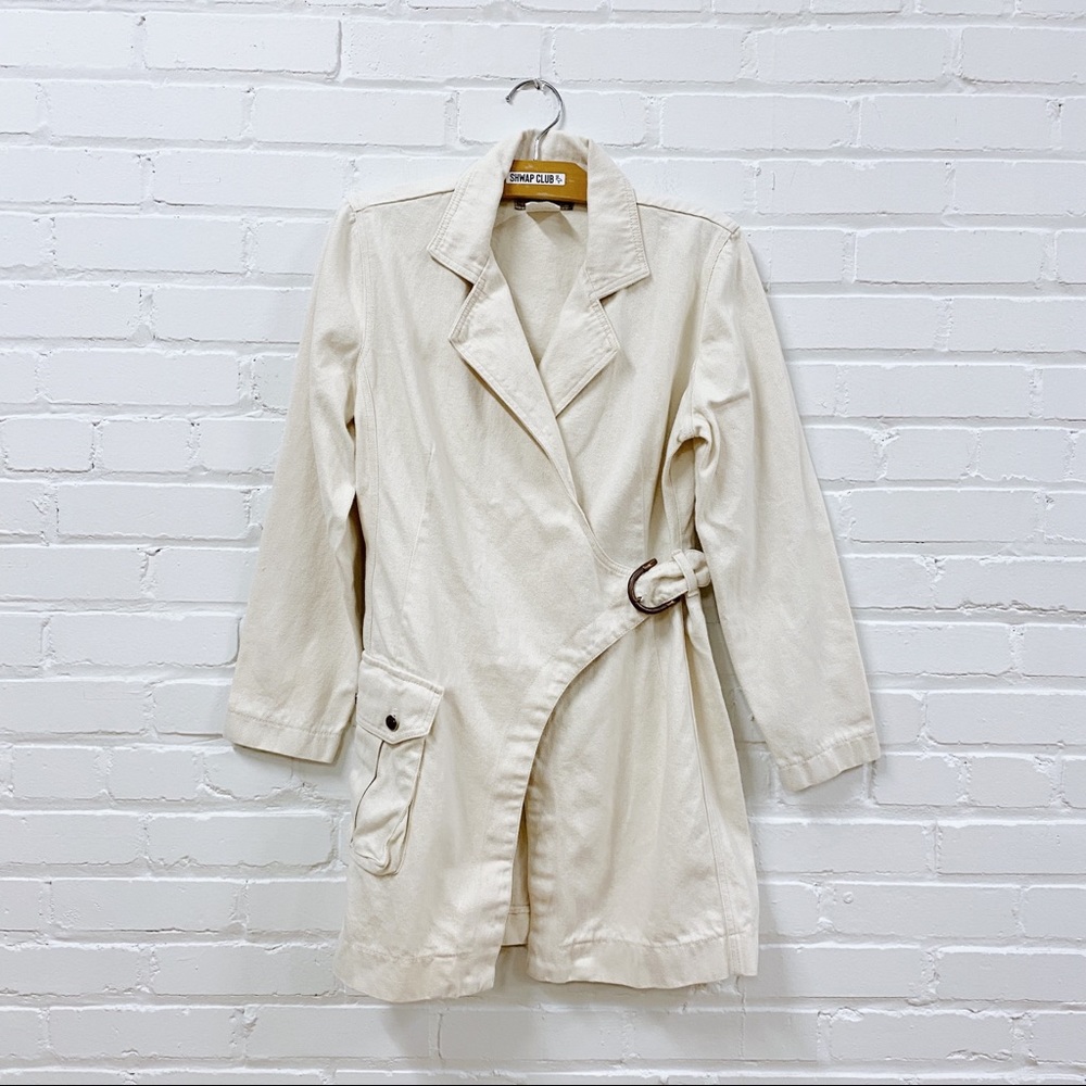 3/50$ ○ BLUES cream denim side buckle trench jacket vintage